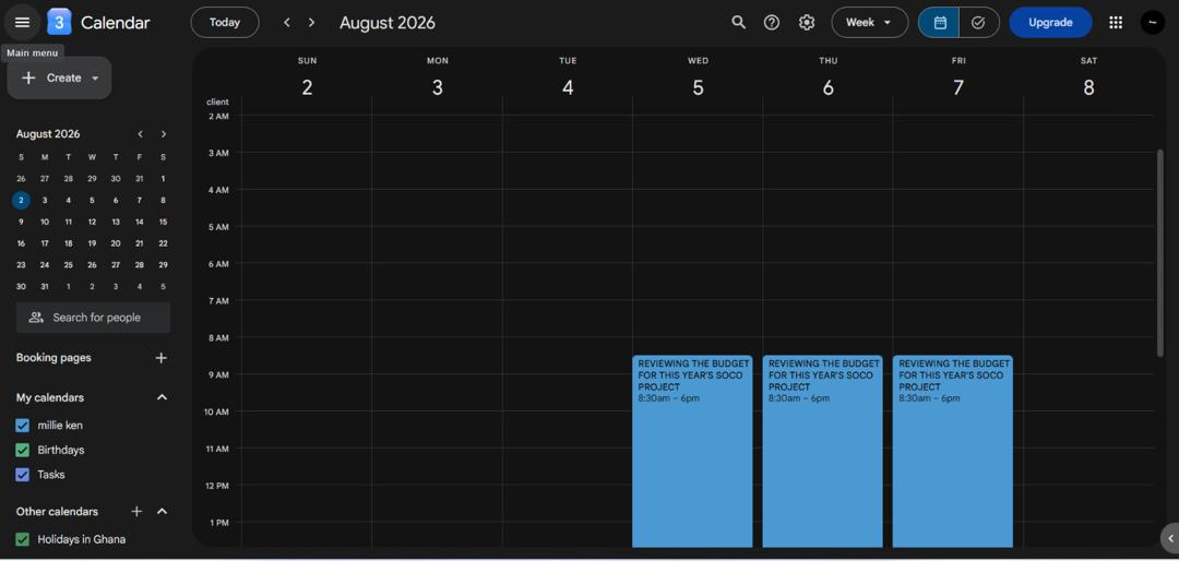 Google Calendar week view for August 2026 showing a multi-day budget review block.