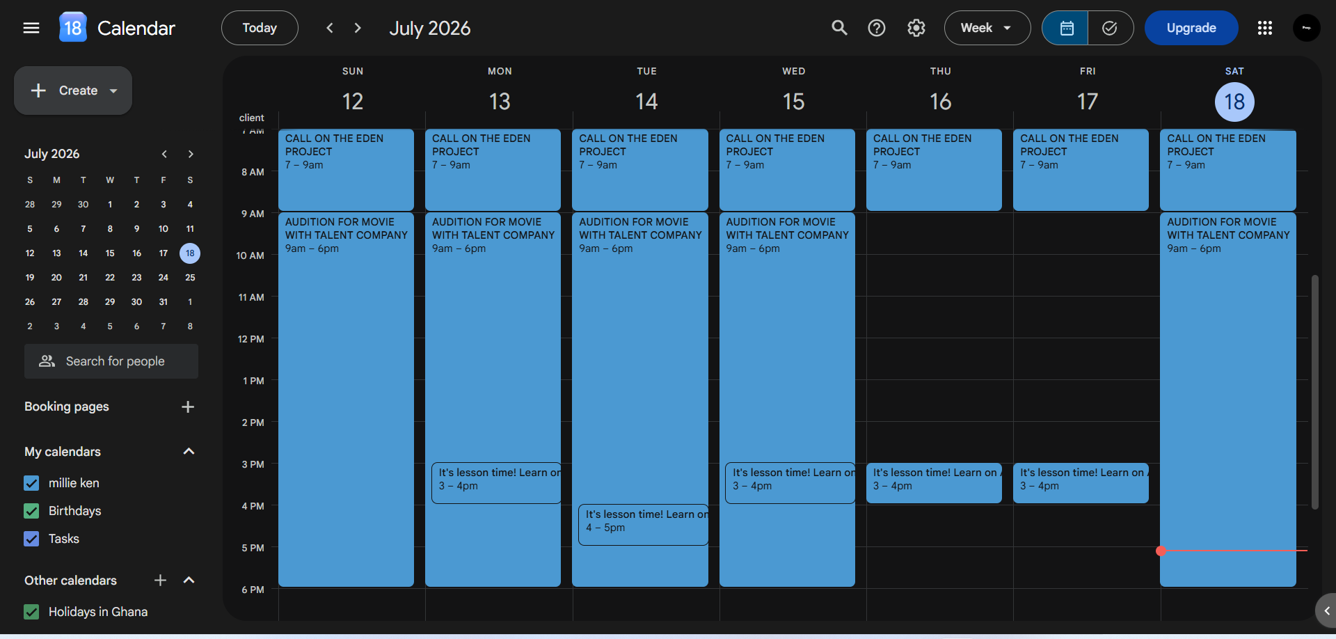 Google Calendar week view for July 2026 showing recurring project calls, an audition block, and lesson bookings.
