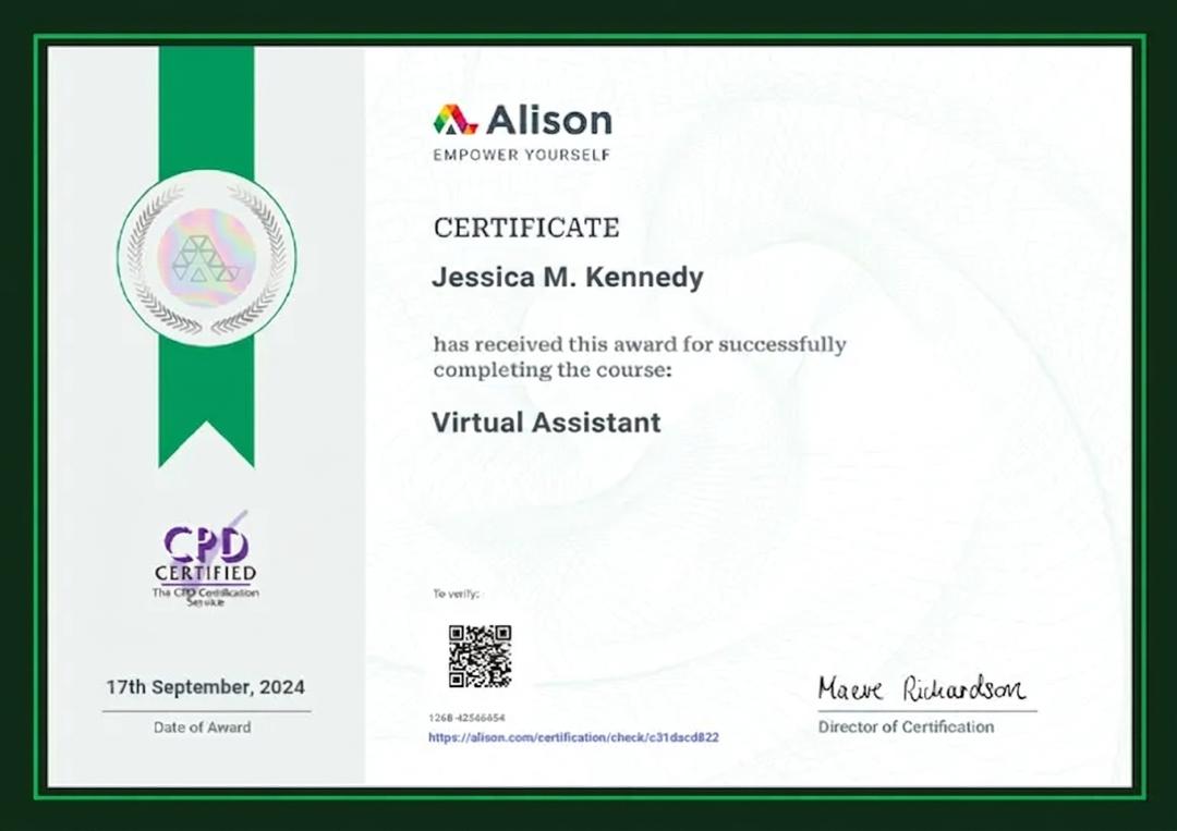 Alison certificate of completion for the Virtual Assistant course, awarded to Jessica M. Kennedy, 17 September 2024, CPD certified.