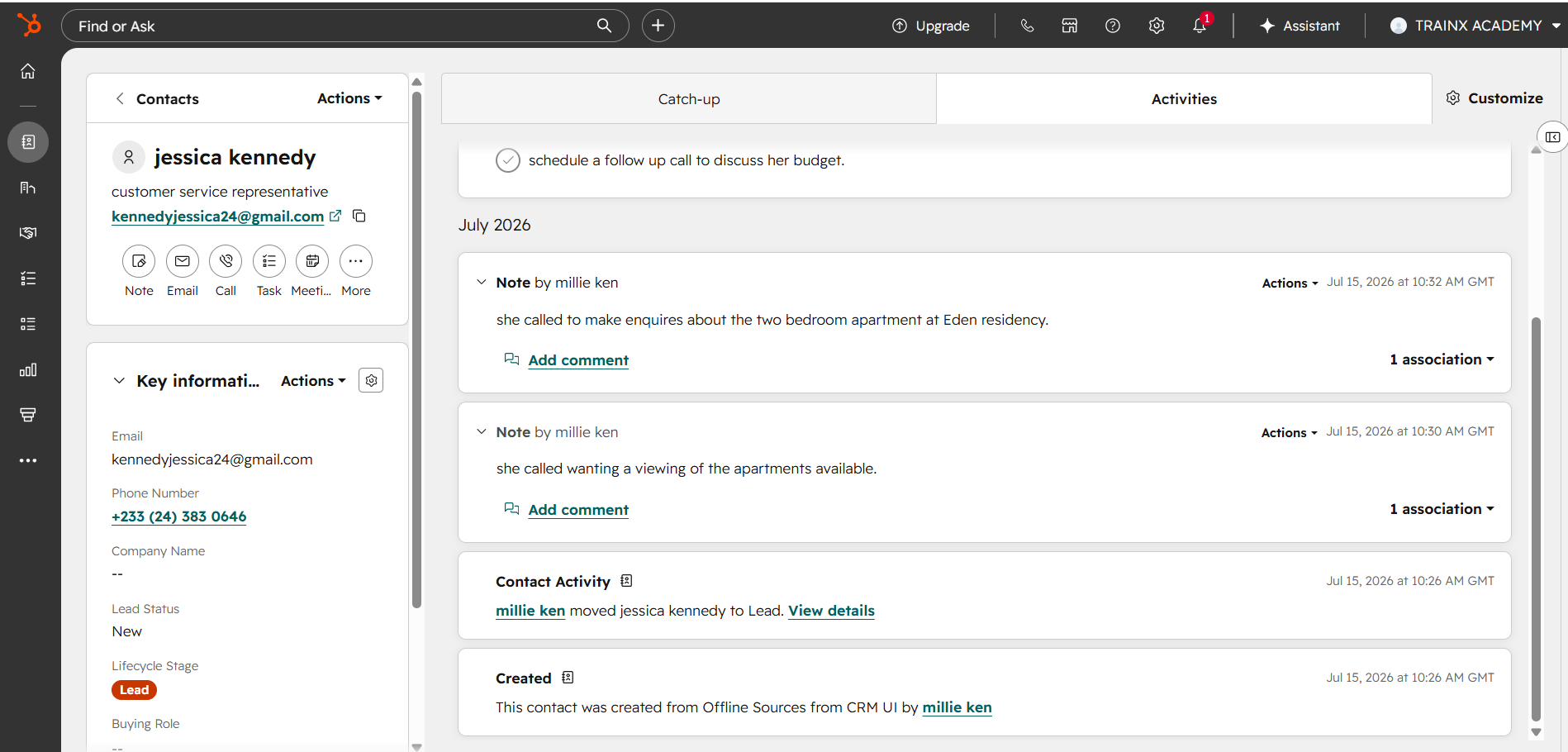 HubSpot CRM contact record with call notes logged against a lead, dated July 2026.