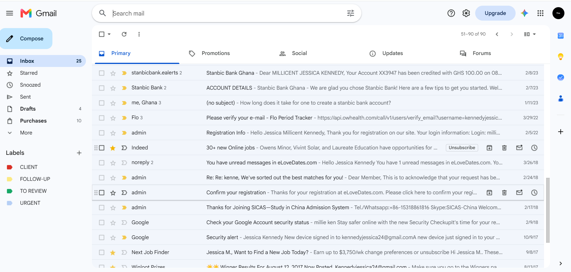 Gmail inbox with custom colour-coded labels: Client, Follow-up, To review, Urgent.