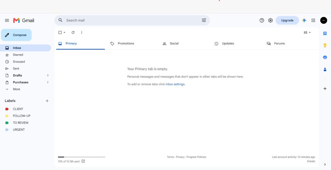 Gmail Primary tab showing an empty inbox, fully processed.