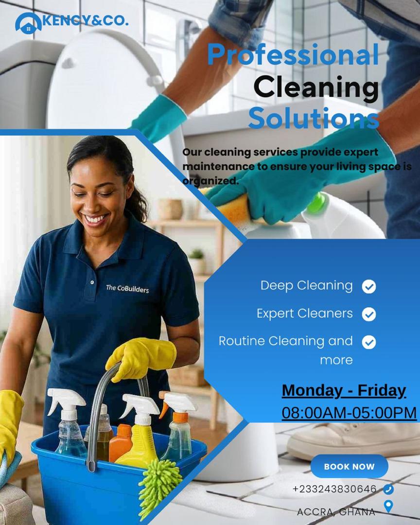 Professional cleaning solutions flyer designed for Kency and Co, listing services, hours and contact details.