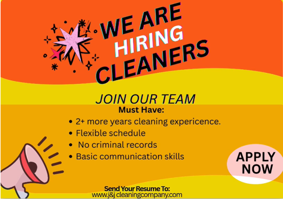 Recruitment flyer designed in Canva for a cleaning company hiring cleaners, listing requirements and how to apply.