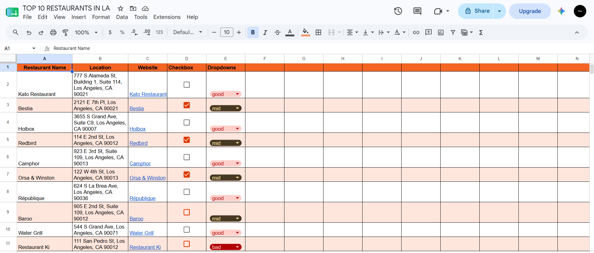 Google Sheets tracker titled Top 10 Restaurants in LA with columns for name, location, website links, checkboxes and a good/mid/bad dropdown rating.